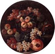 unknow artist A still life of peaches and plums in a glass bowl,grapes,a melon and a pomegranate France oil painting artist